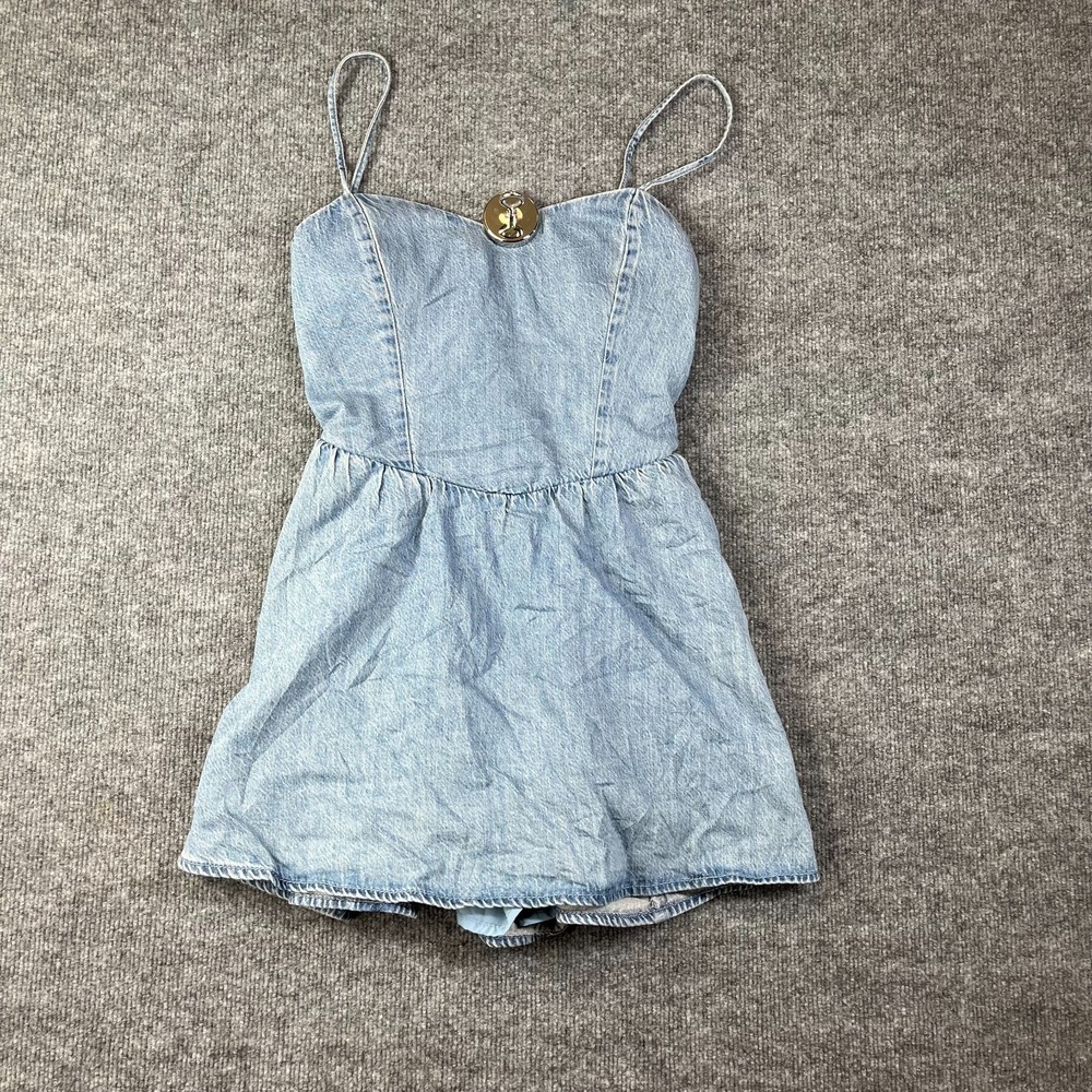 Womens Skort Romper Mini Dress Blue Cotton Denim Spaghetti Straps Cutout Back